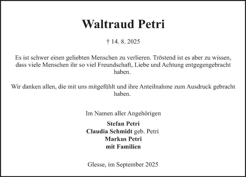  Traueranzeige für Waltraud Petri vom 20.09.2025 aus Deister- und Weserzeitung