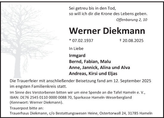 Traueranzeige von Werner Diekmann von Deister- und Weserzeitung