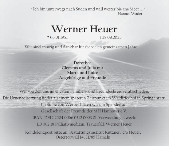 Traueranzeige von Werner Heuer von Deister- und Weserzeitung