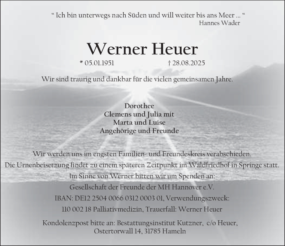  Traueranzeige für Werner Heuer vom 06.09.2025 aus Deister- und Weserzeitung