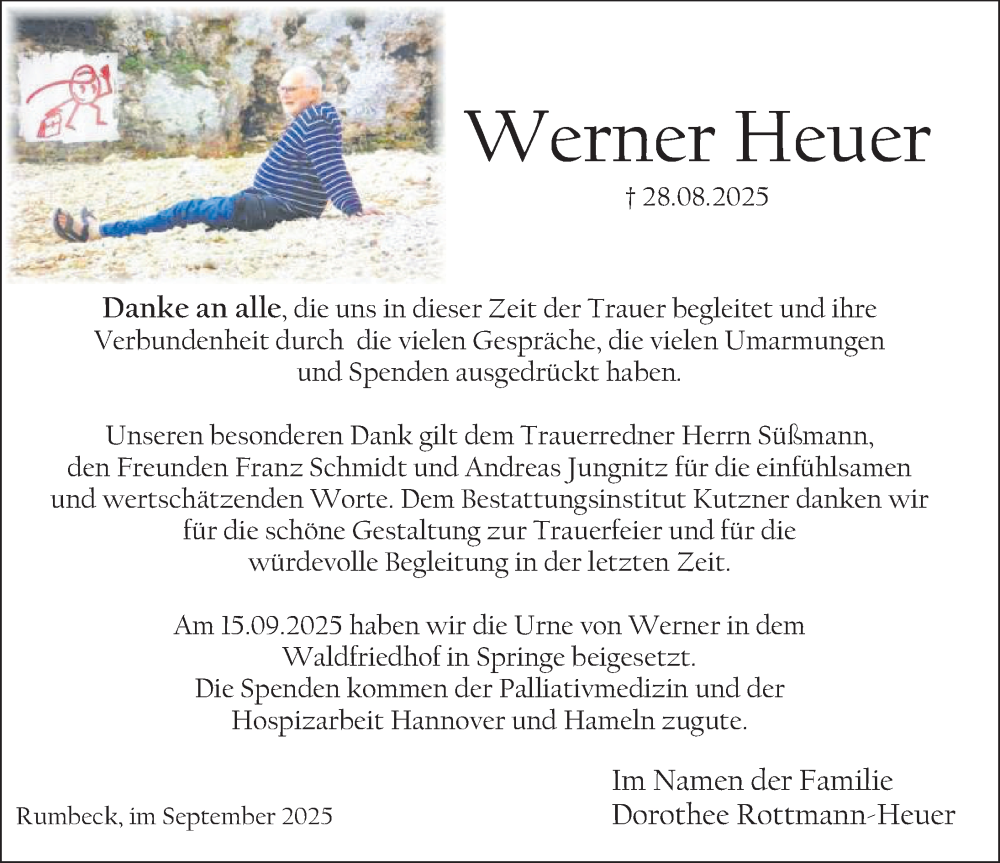  Traueranzeige für Werner Heuer vom 27.09.2025 aus Deister- und Weserzeitung