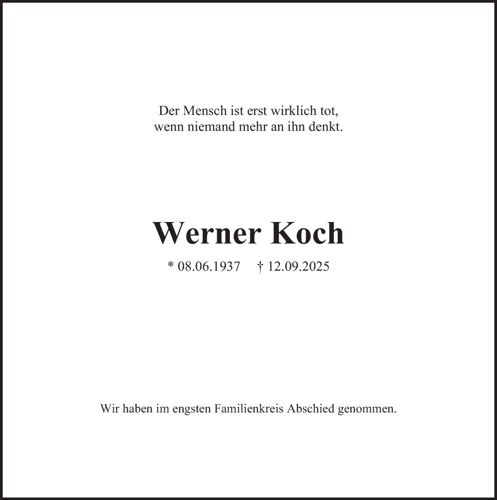 Traueranzeige für Werner Koch vom 20.09.2025 aus Deister- und Weserzeitung