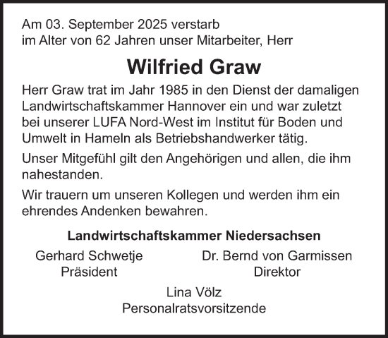 Traueranzeige von Wilfried Graw von Deister- und Weserzeitung