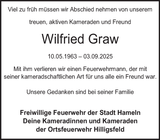 Traueranzeige von Wilfried Graw von Deister- und Weserzeitung