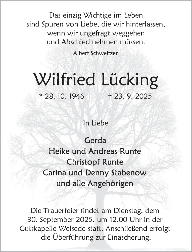  Traueranzeige für Wilfried Lücking vom 27.09.2025 aus Deister- und Weserzeitung
