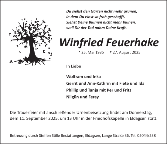 Traueranzeige von Winfried Feuerhake von Neue Deister-Zeitung