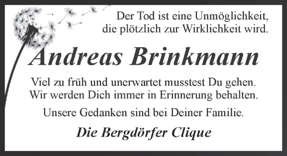  Traueranzeige für Andreas Brinkmann vom 22.01.2026 aus Deister- und Weserzeitung