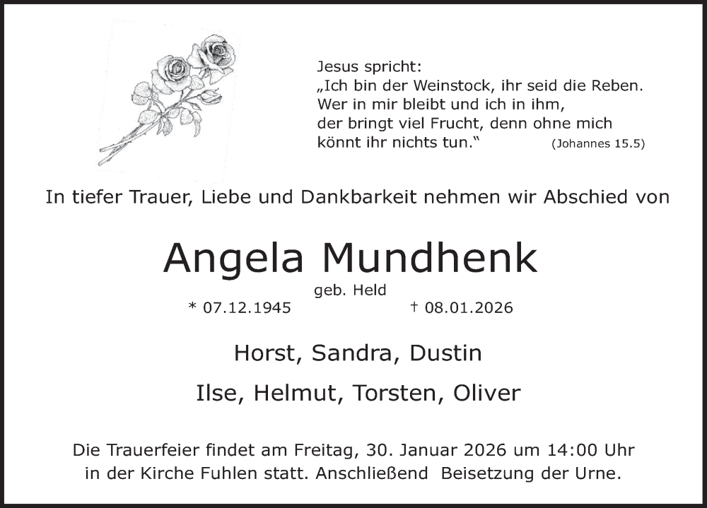  Traueranzeige für Angela Mundhenk vom 24.01.2026 aus Deister- und Weserzeitung