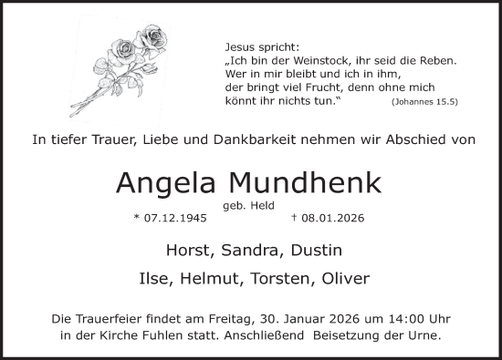 Traueranzeige von Angela Mundhenk von Deister- und Weserzeitung