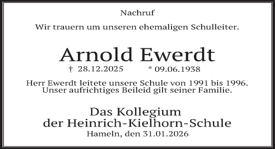 Traueranzeige von Arnold Ewerdt von Deister- und Weserzeitung