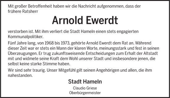 Traueranzeige von Arnold Ewerdt von Deister- und Weserzeitung
