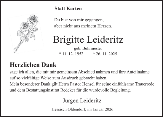 Traueranzeige von Brigitte Leideritz von Deister- und Weserzeitung