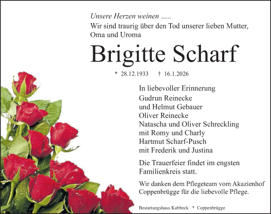 Traueranzeige von Brigitte Scharf von Deister- und Weserzeitung