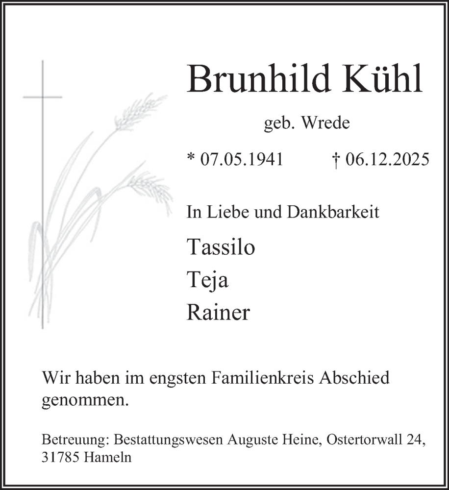  Traueranzeige für Brunhild Kühl vom 10.01.2026 aus Deister- und Weserzeitung
