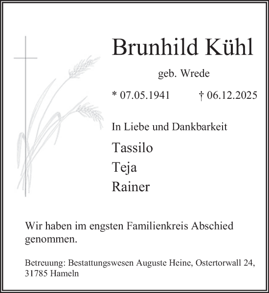 Traueranzeige von Brunhild Kühl von Deister- und Weserzeitung