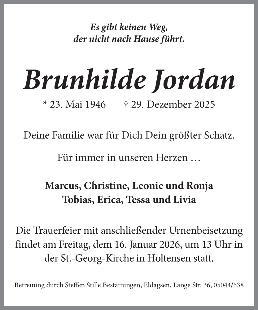  Traueranzeige für Brunhilde Jordan vom 10.01.2026 aus Neue Deister-Zeitung
