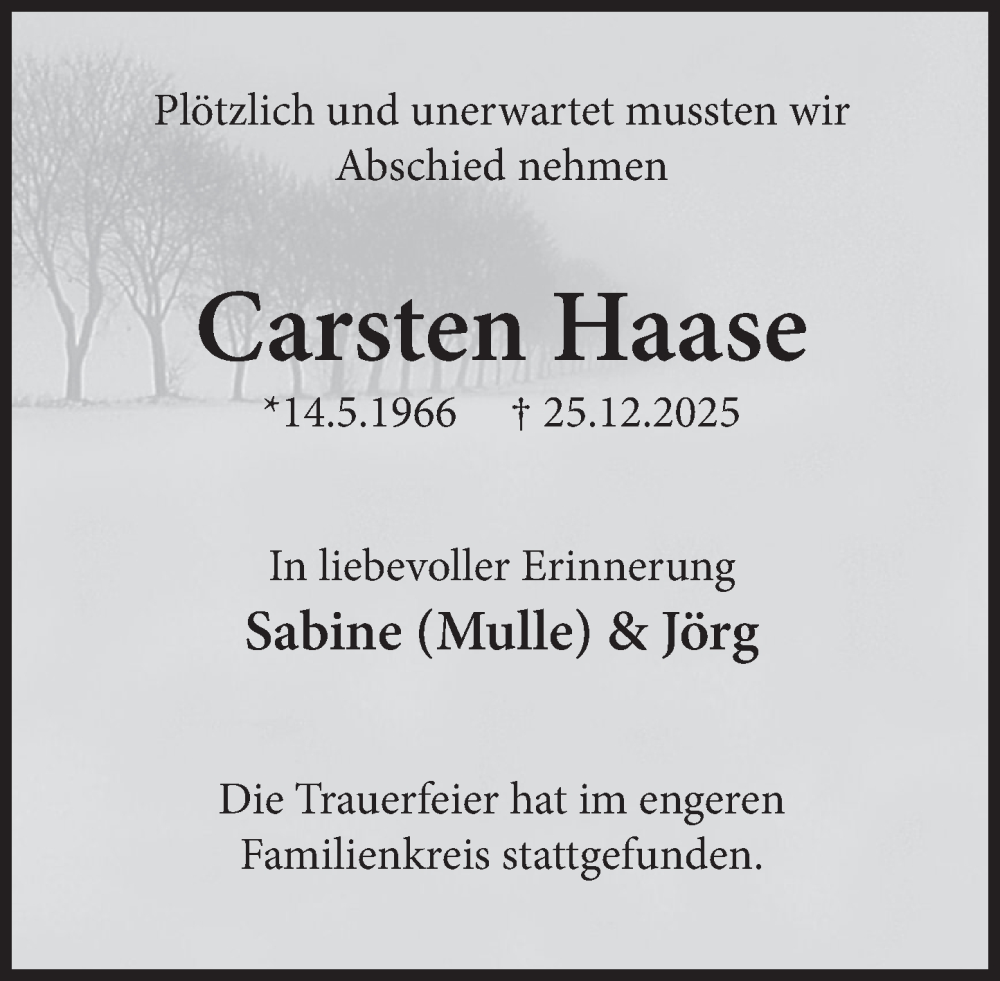  Traueranzeige für Carsten Haase vom 10.01.2026 aus Deister- und Weserzeitung