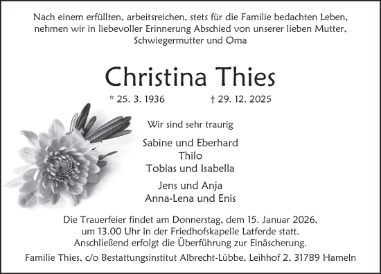 Traueranzeige von Christina Thies von Deister- und Weserzeitung