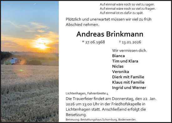 Traueranzeige von Andreas Brinkmann von Deister- und Weserzeitung