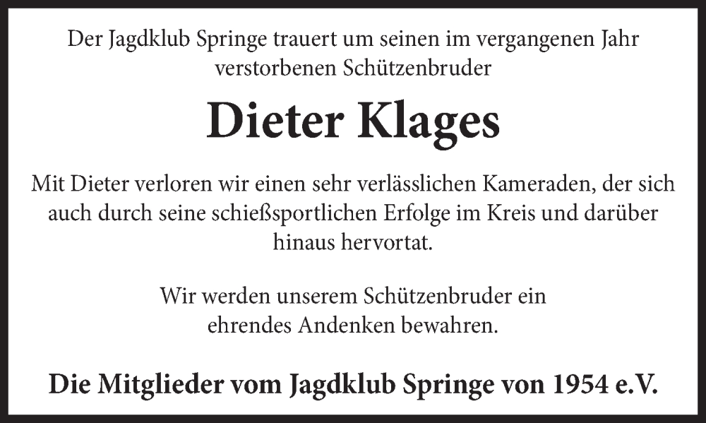  Traueranzeige für Dieter Klages vom 17.01.2026 aus Neue Deister-Zeitung
