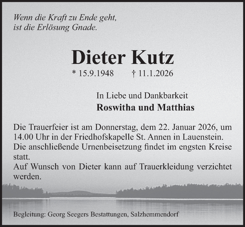  Traueranzeige für Dieter Kutz vom 20.01.2026 aus Deister- und Weserzeitung
