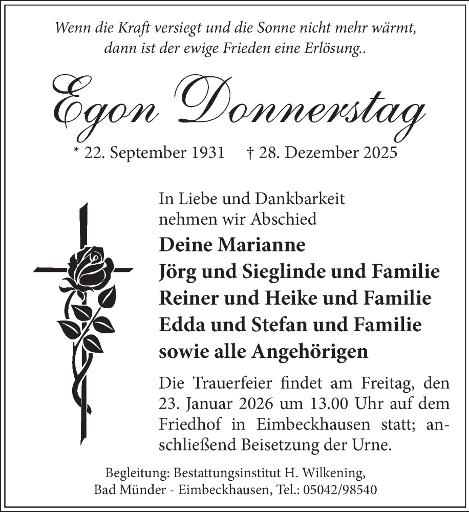  Traueranzeige für Egon Donnerstag vom 17.01.2026 aus Neue Deister-Zeitung