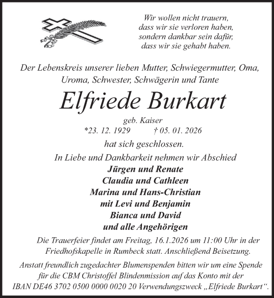 Traueranzeige von Elfriede Burkart von Deister- und Weserzeitung