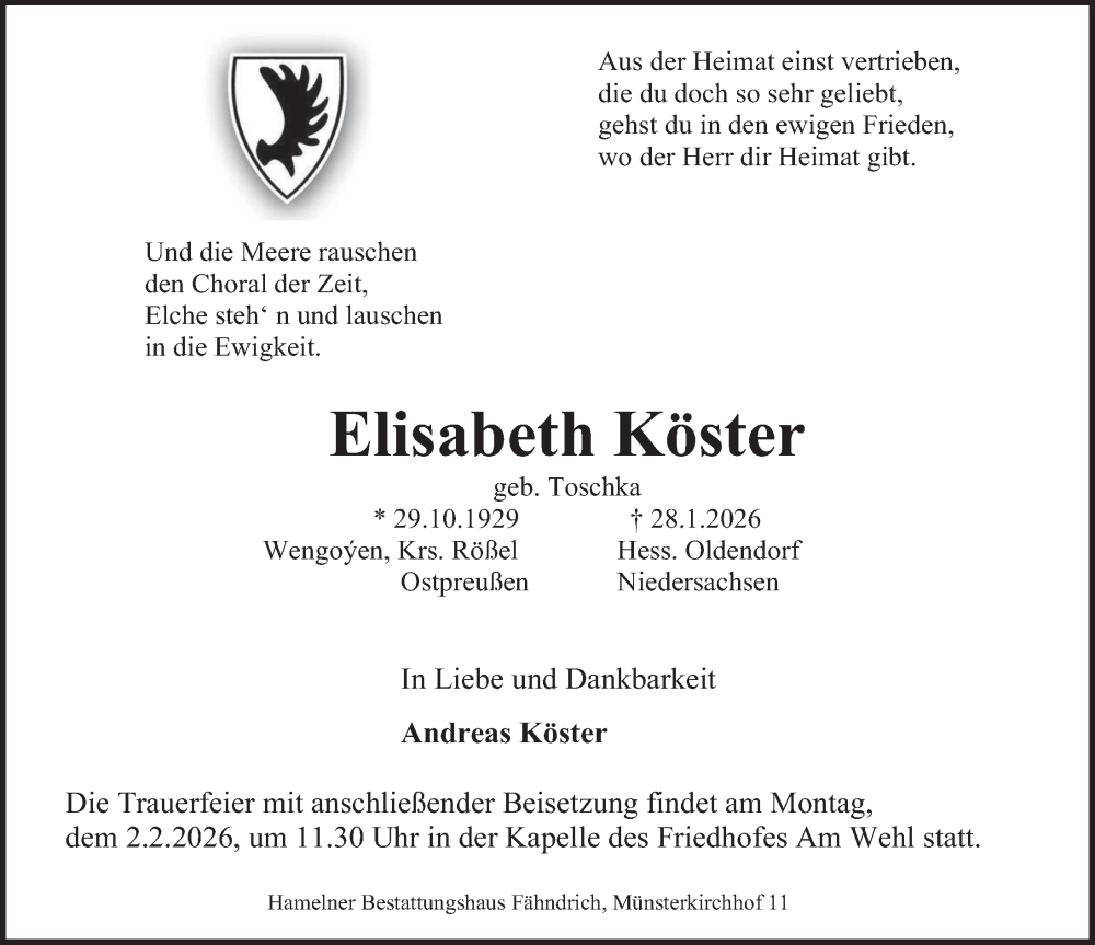  Traueranzeige für Elisabeth Köster vom 31.01.2026 aus Deister- und Weserzeitung