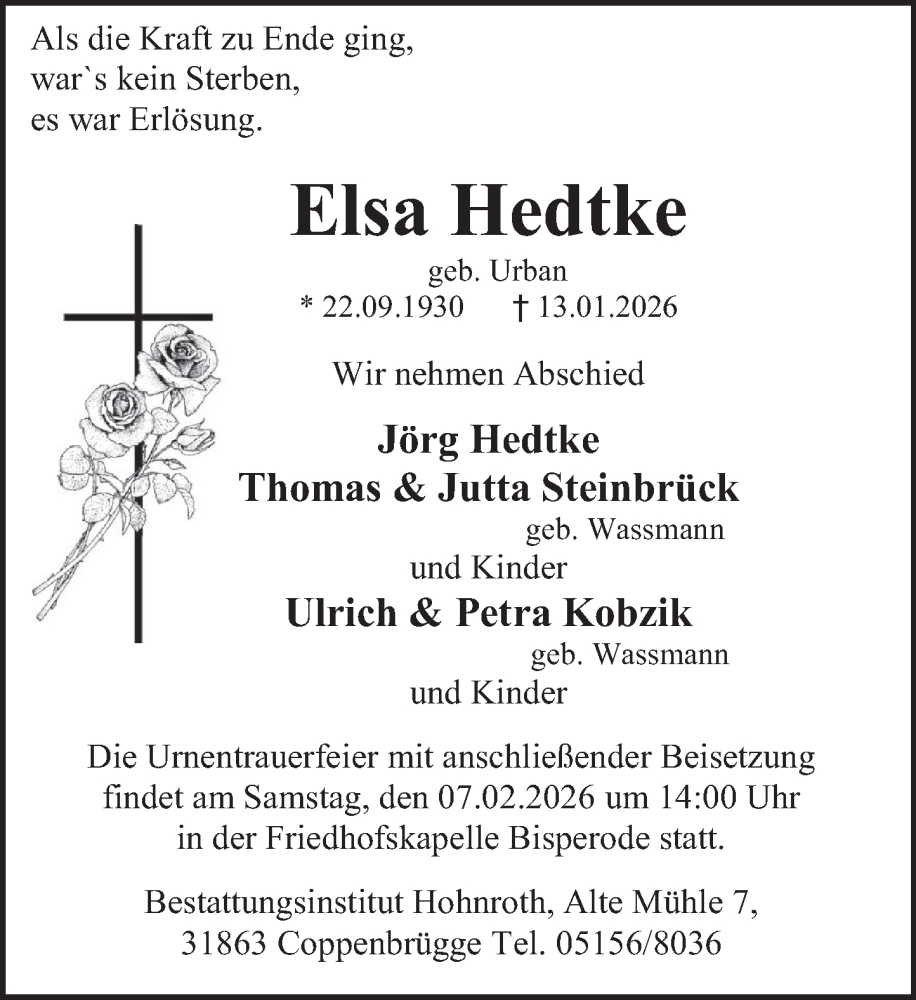  Traueranzeige für Elsa Hedtke vom 31.01.2026 aus Deister- und Weserzeitung