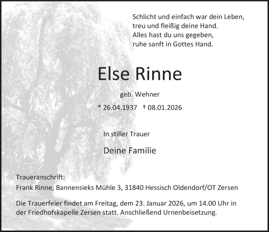 Traueranzeige von Else Rinne von Deister- und Weserzeitung