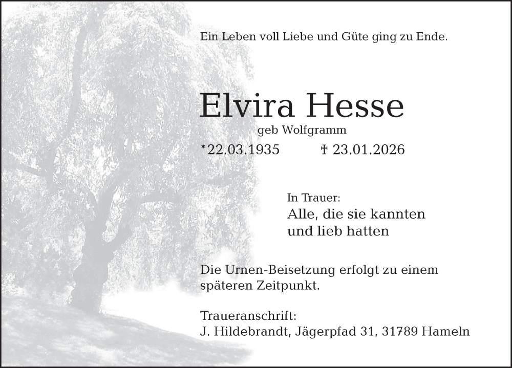  Traueranzeige für Elvira Hesse vom 31.01.2026 aus Deister- und Weserzeitung