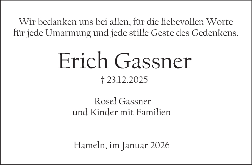  Traueranzeige für Erich Gassner vom 24.01.2026 aus Deister- und Weserzeitung