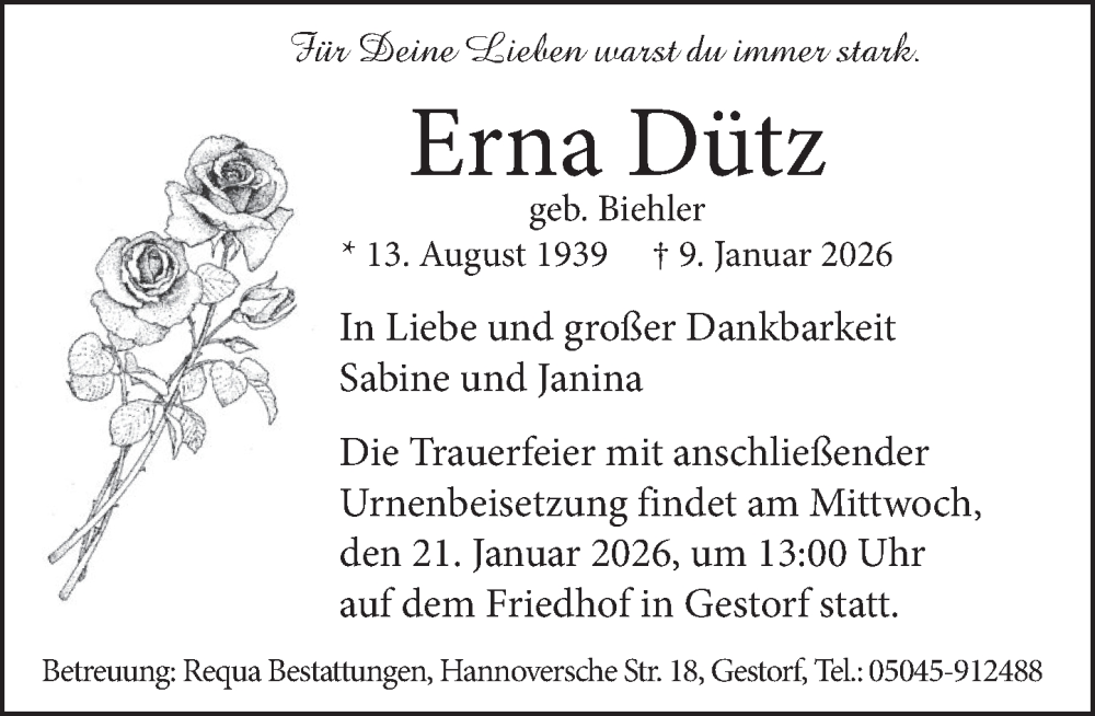 Traueranzeige für Erna Dütz vom 17.01.2026 aus Neue Deister-Zeitung