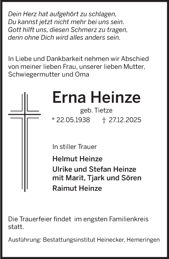 Traueranzeige von Erna Heinze von Deister- und Weserzeitung