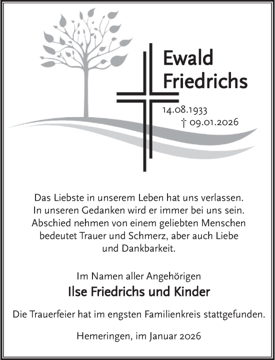 Traueranzeige von Ewald Friedrichs von Deister- und Weserzeitung
