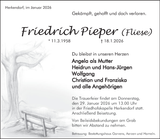 Traueranzeige von Friedrich Pieper von Deister- und Weserzeitung