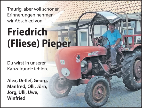 Traueranzeige von Friedrich Pieper von Deister- und Weserzeitung