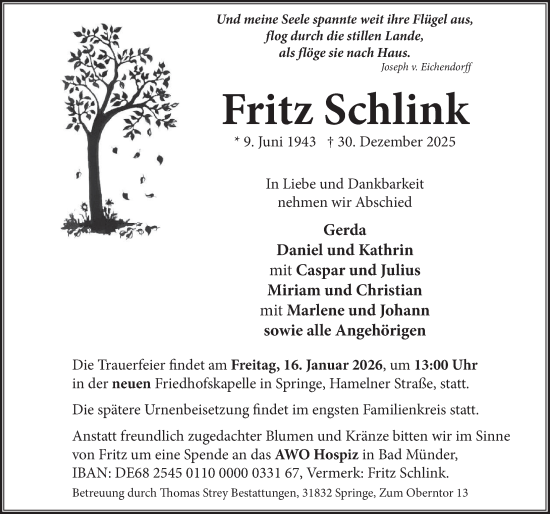 Traueranzeige von Fritz Schlink von Neue Deister-Zeitung
