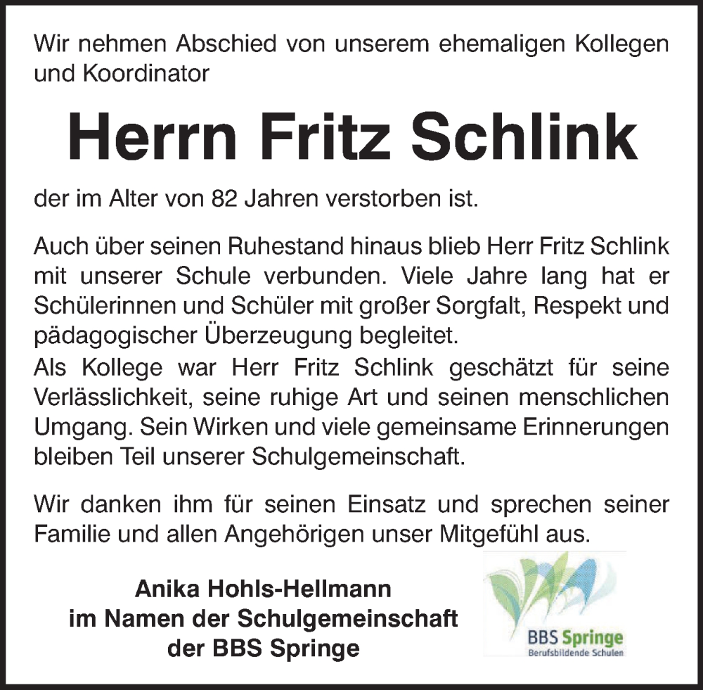  Traueranzeige für Fritz Schlink vom 17.01.2026 aus Neue Deister-Zeitung