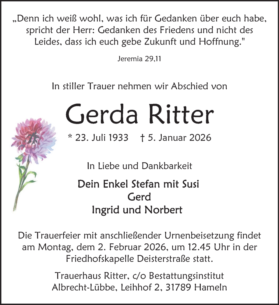  Traueranzeige für Gerda Ritter vom 24.01.2026 aus Deister- und Weserzeitung