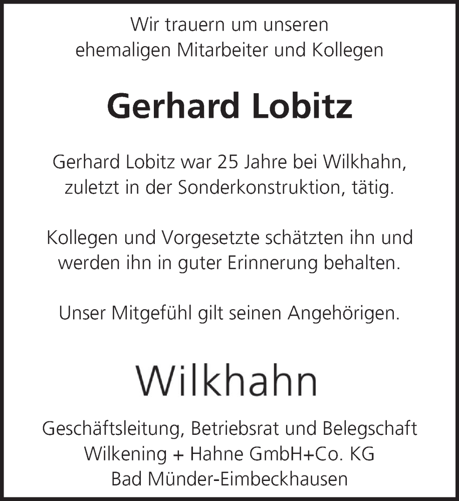  Traueranzeige für Gerhard Lobitz vom 31.01.2026 aus Neue Deister-Zeitung