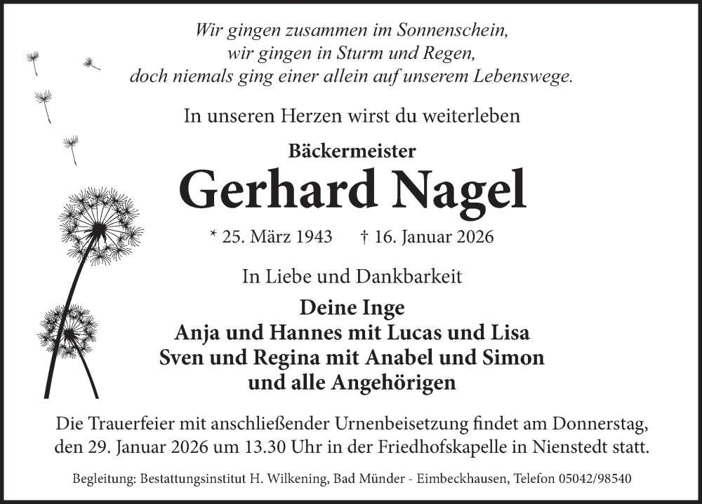  Traueranzeige für Gerhard Nagel vom 24.01.2026 aus Neue Deister-Zeitung