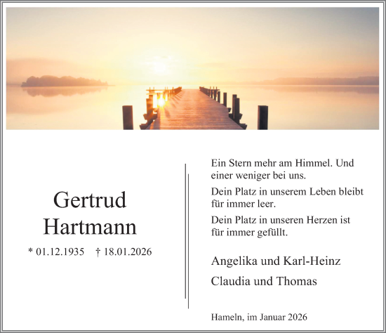 Traueranzeige von Gertrud Hartmann von Deister- und Weserzeitung