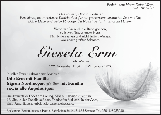 Traueranzeige von Giesela Erm von Neue Deister-Zeitung