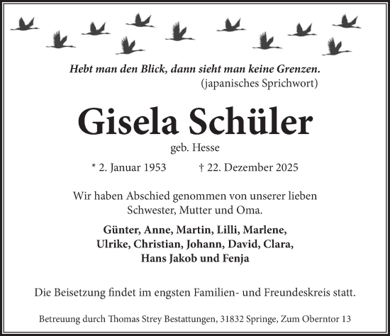 Traueranzeige von Gisela Schüler von Neue Deister-Zeitung