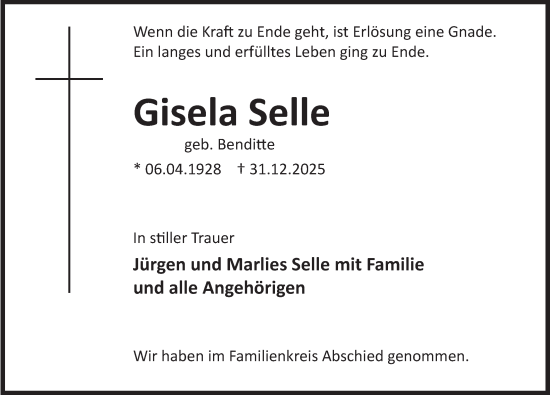 Traueranzeige von Gisela Selle von Deister- und Weserzeitung