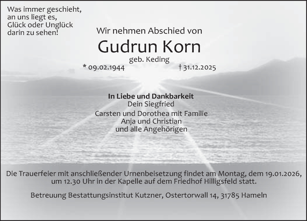  Traueranzeige für Gudrun Korn vom 10.01.2026 aus Deister- und Weserzeitung