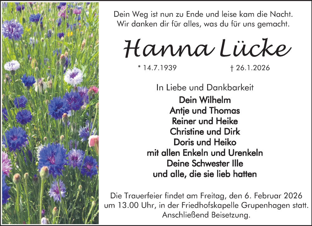  Traueranzeige für Hanna Lücke vom 31.01.2026 aus Deister- und Weserzeitung