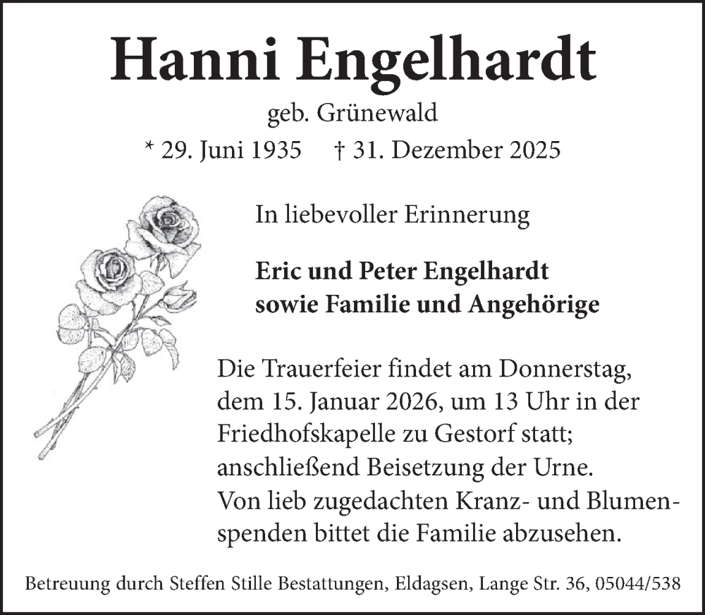  Traueranzeige für Hanni Engelhardt vom 10.01.2026 aus Neue Deister-Zeitung