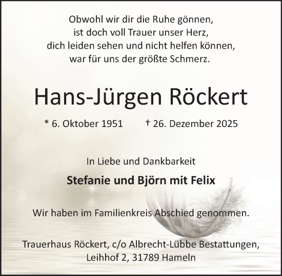 Traueranzeige von Hans-Jürgen Röckert von Deister- und Weserzeitung